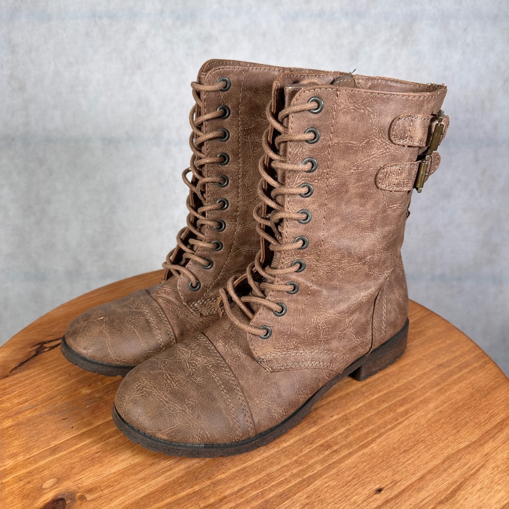 Rampage Jacen Combat Boots Womens 7.5 Brown Good Lace Up SideZip Buckle Lug Sole